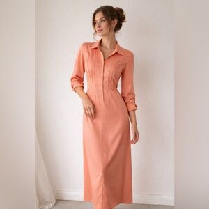 Vintage 70s Silk Maxi Shirt Dress Peach Pintuck Button Front Size L